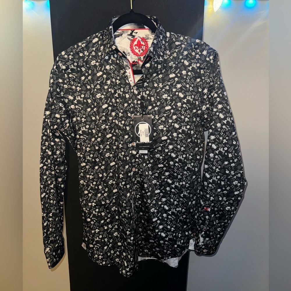 Au Noir - Men’s Small Dress Shirt - Grid and Flowers